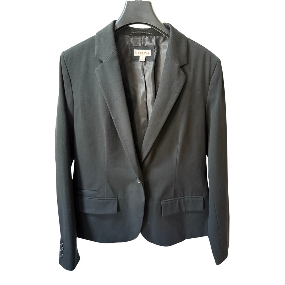 Merona Black One Button Blazer Jacket Womens Size 14 Professional Work Office